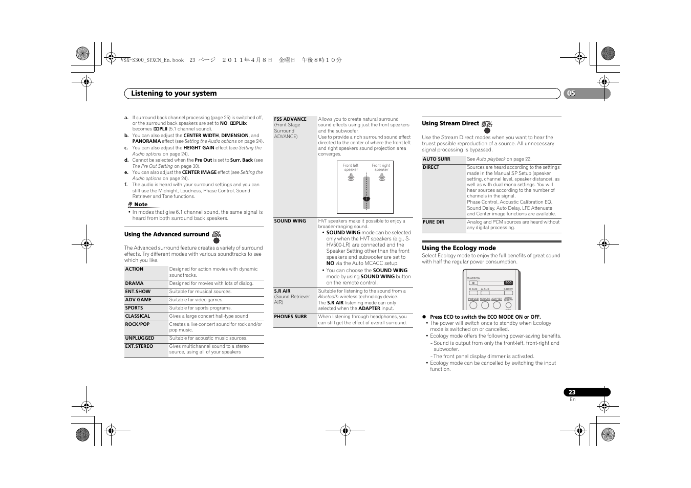 Using the advanced surround, Using stream direct, Using the ecology mode | Listening to your system | Pioneer VSX-S300 User Manual | Page 23 / 36