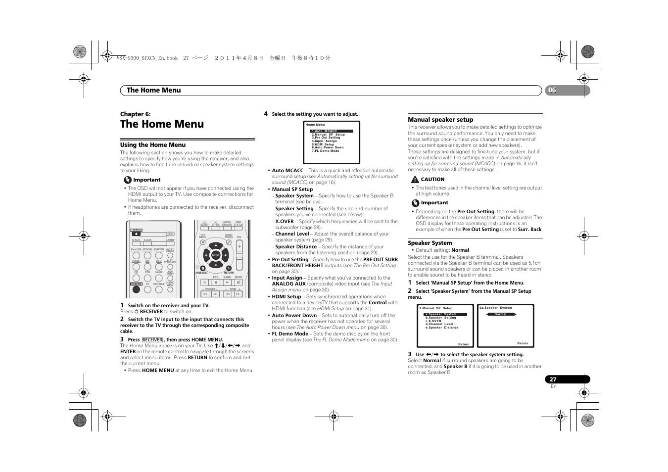 Using the home menu, Manual speaker setup, Speaker system | The home menu | Pioneer VSX-S300 User Manual | Page 27 / 36