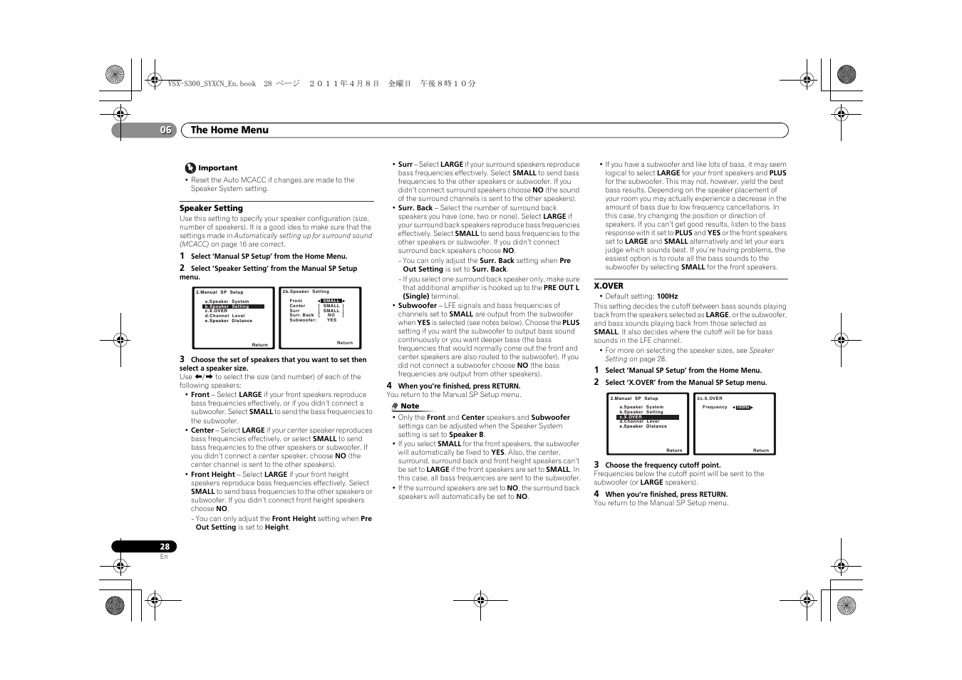 Speaker setting, X.over | Pioneer VSX-S300 User Manual | Page 28 / 36