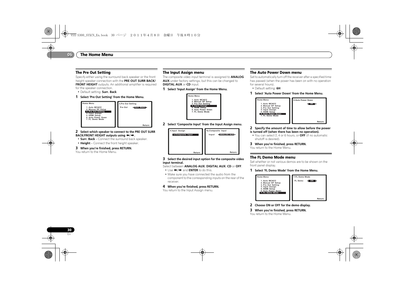 The pre out setting, The input assign menu, The auto power down menu | The fl demo mode menu, The home menu 06 | Pioneer VSX-S300 User Manual | Page 30 / 36