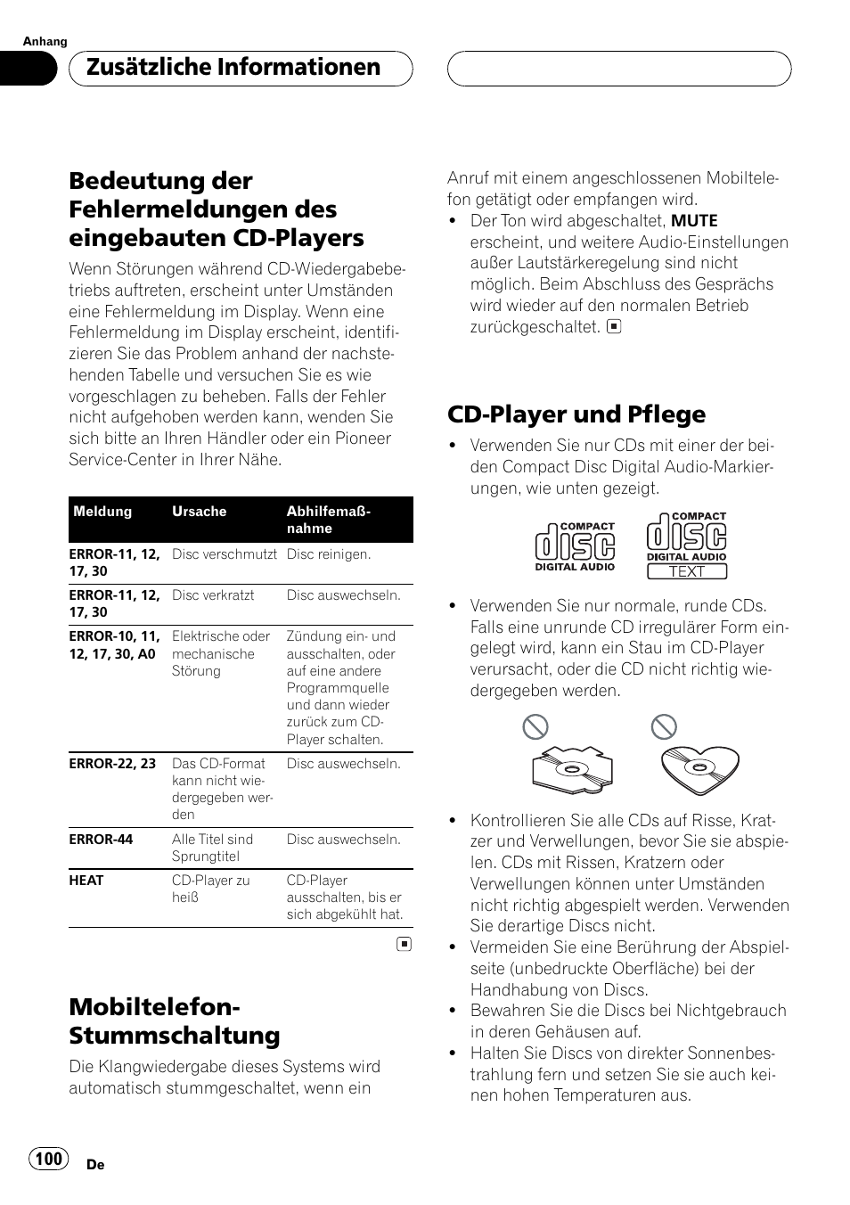 Zusätzliche informationen, Bedeutung der fehlermeldungen des, Eingebauten cd-players 100 | Mobiltelefon-stummschaltung 100, Cd-player und pflege 100, Mobiltelefon- stummschaltung, Cd-player und pflege | Pioneer DEH-P2500R User Manual | Page 100 / 104