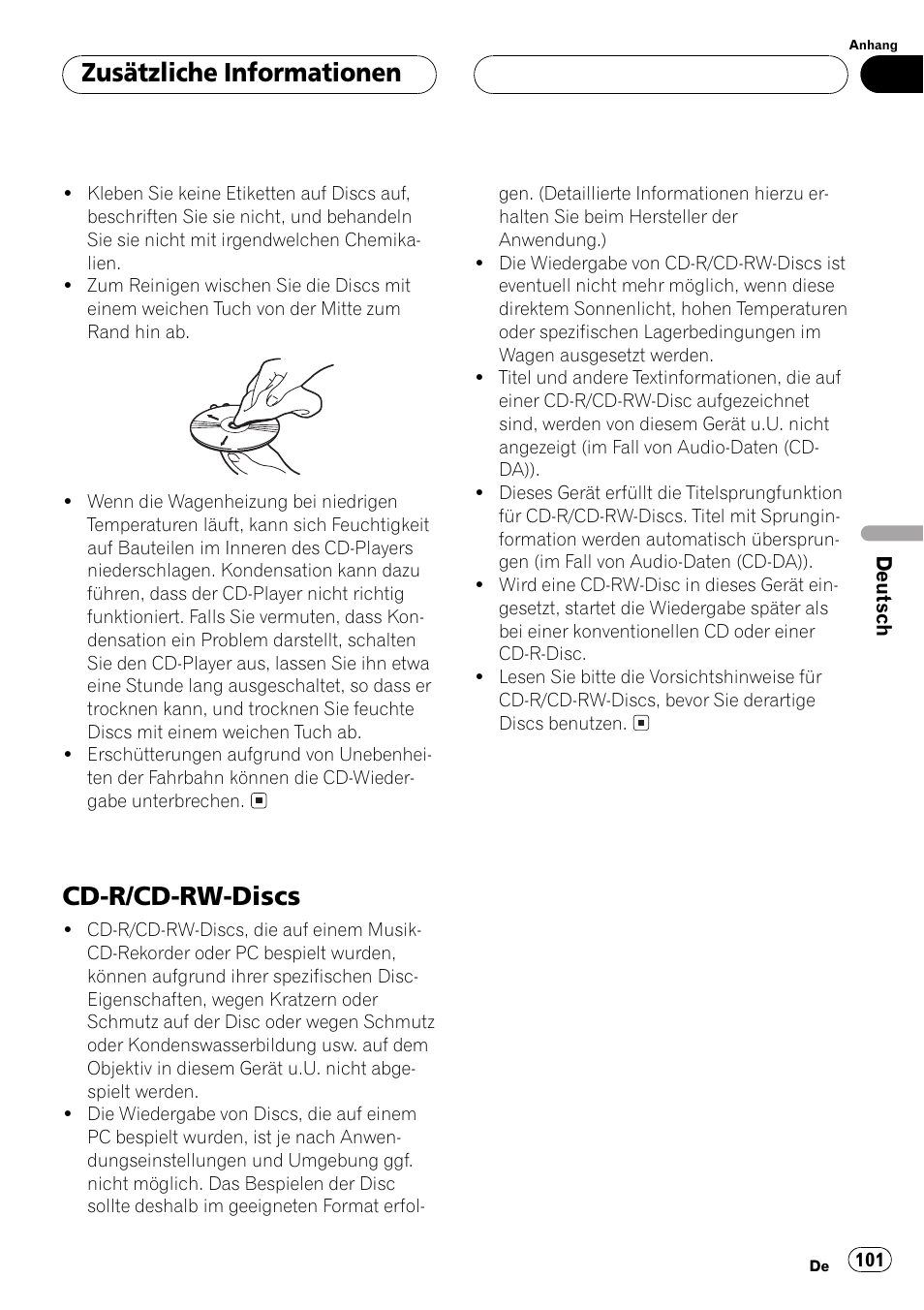 Cd-r/cd-rw-discs 101, Cd-r/cd-rw-discs, Zusätzliche informationen | Pioneer DEH-P2500R User Manual | Page 101 / 104
