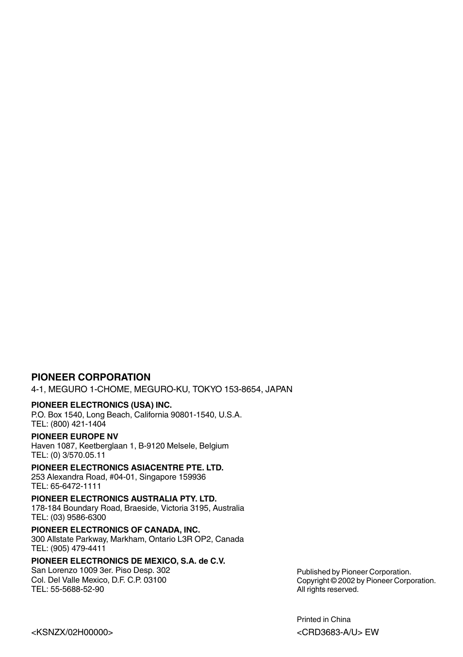 Pioneer corporation | Pioneer DEH-P2500R User Manual | Page 104 / 104