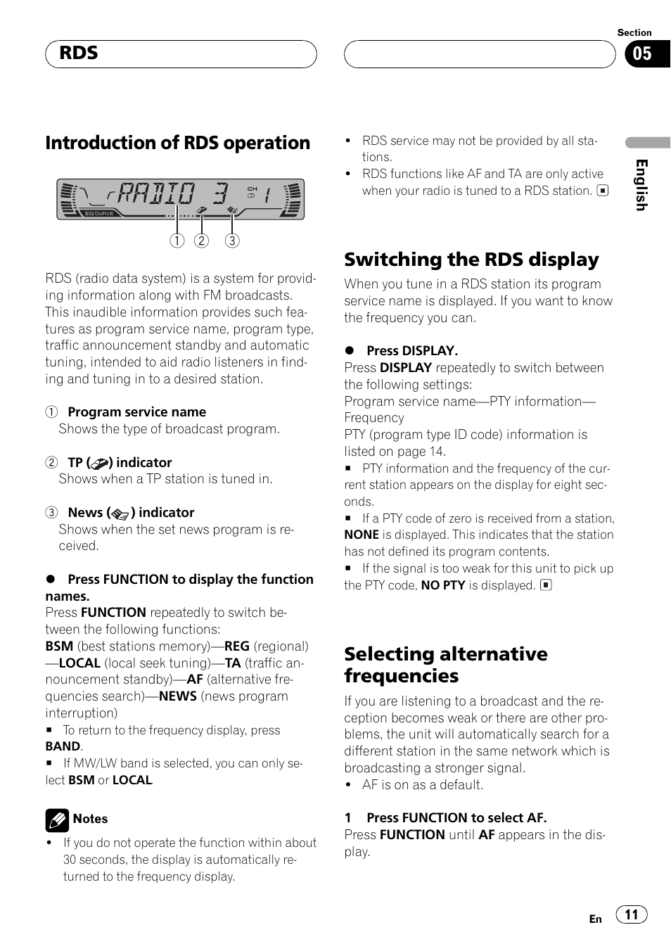 Introduction of rds operation, Switching the rds display, Selecting alternative frequencies | Pioneer DEH-P2500R User Manual | Page 11 / 104