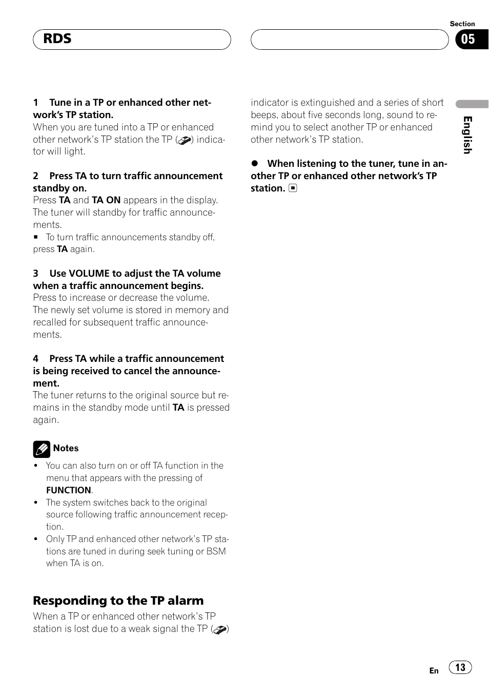 Responding to the tp alarm 13, Responding to the tp alarm | Pioneer DEH-P2500R User Manual | Page 13 / 104