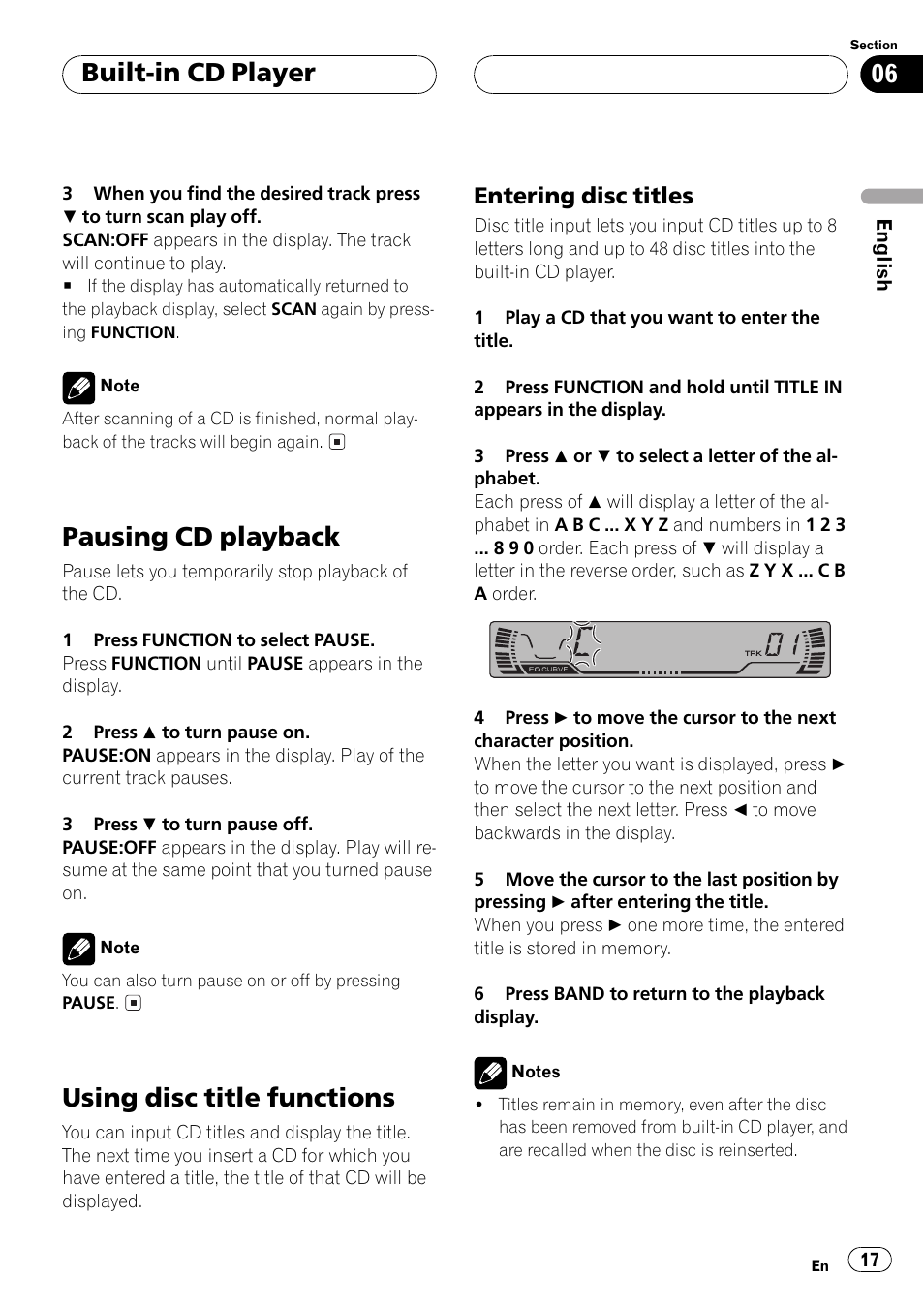 Entering disc titles 17, Pausing cd playback, Using disc title functions | Built-in cd player, Entering disc titles | Pioneer DEH-P2500R User Manual | Page 17 / 104