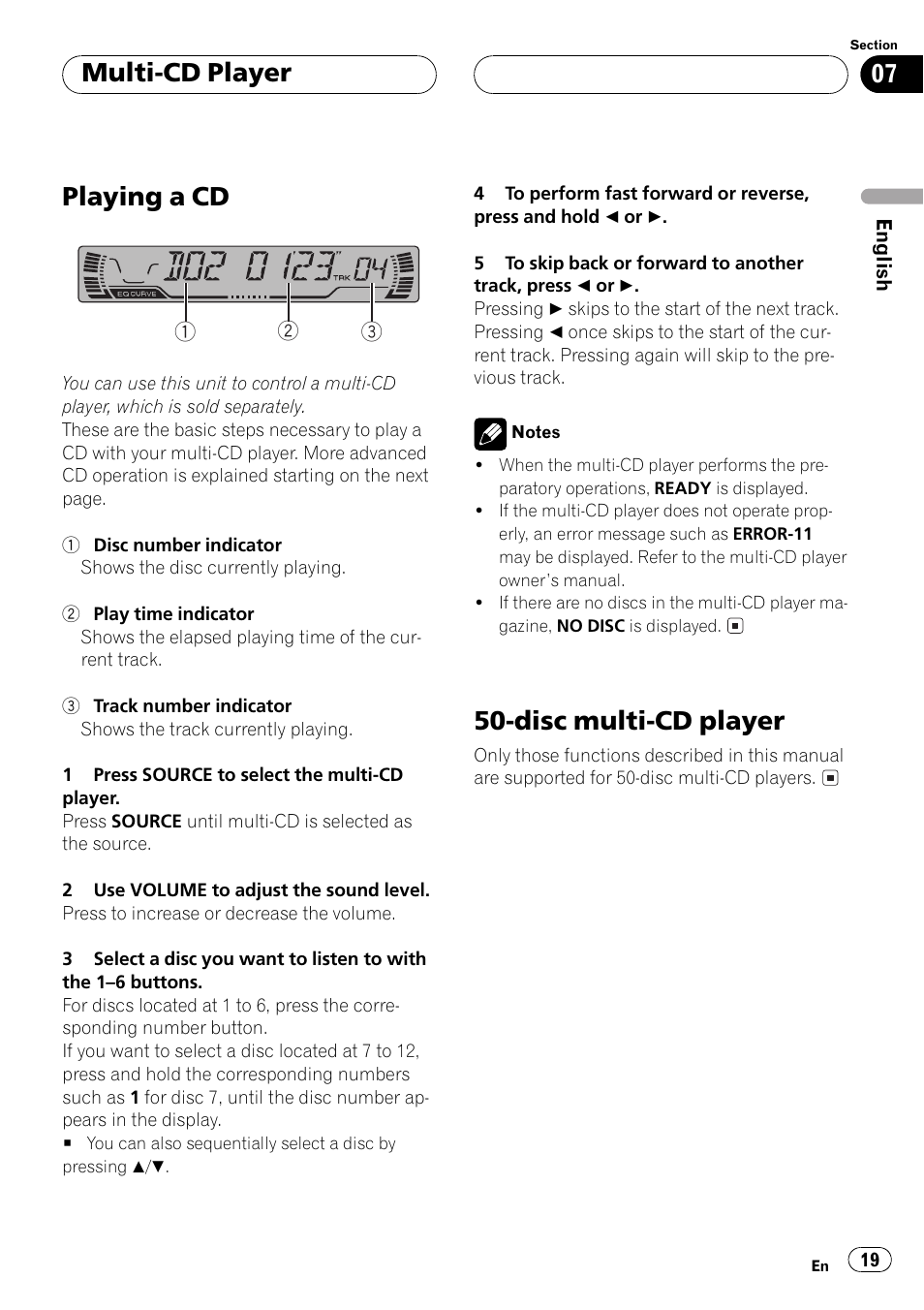 Playing a cd, Disc multi-cd player, Multi-cd player | Pioneer DEH-P2500R User Manual | Page 19 / 104