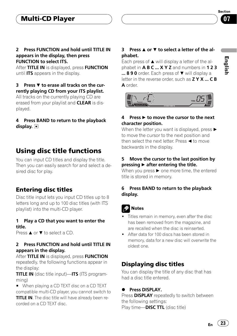 Using disc title functions 23, Entering disc titles 23, Displaying disc titles 23 | Using disc title functions, Multi-cd player, Entering disc titles, Displaying disc titles | Pioneer DEH-P2500R User Manual | Page 23 / 104