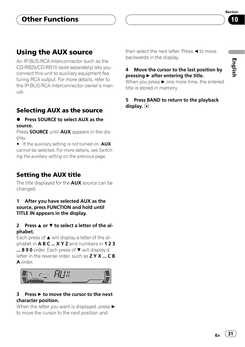 Other functions using the aux source 31, Selecting aux as the source 31, Setting the aux title 31 | Using the aux source, Other functions | Pioneer DEH-P2500R User Manual | Page 31 / 104