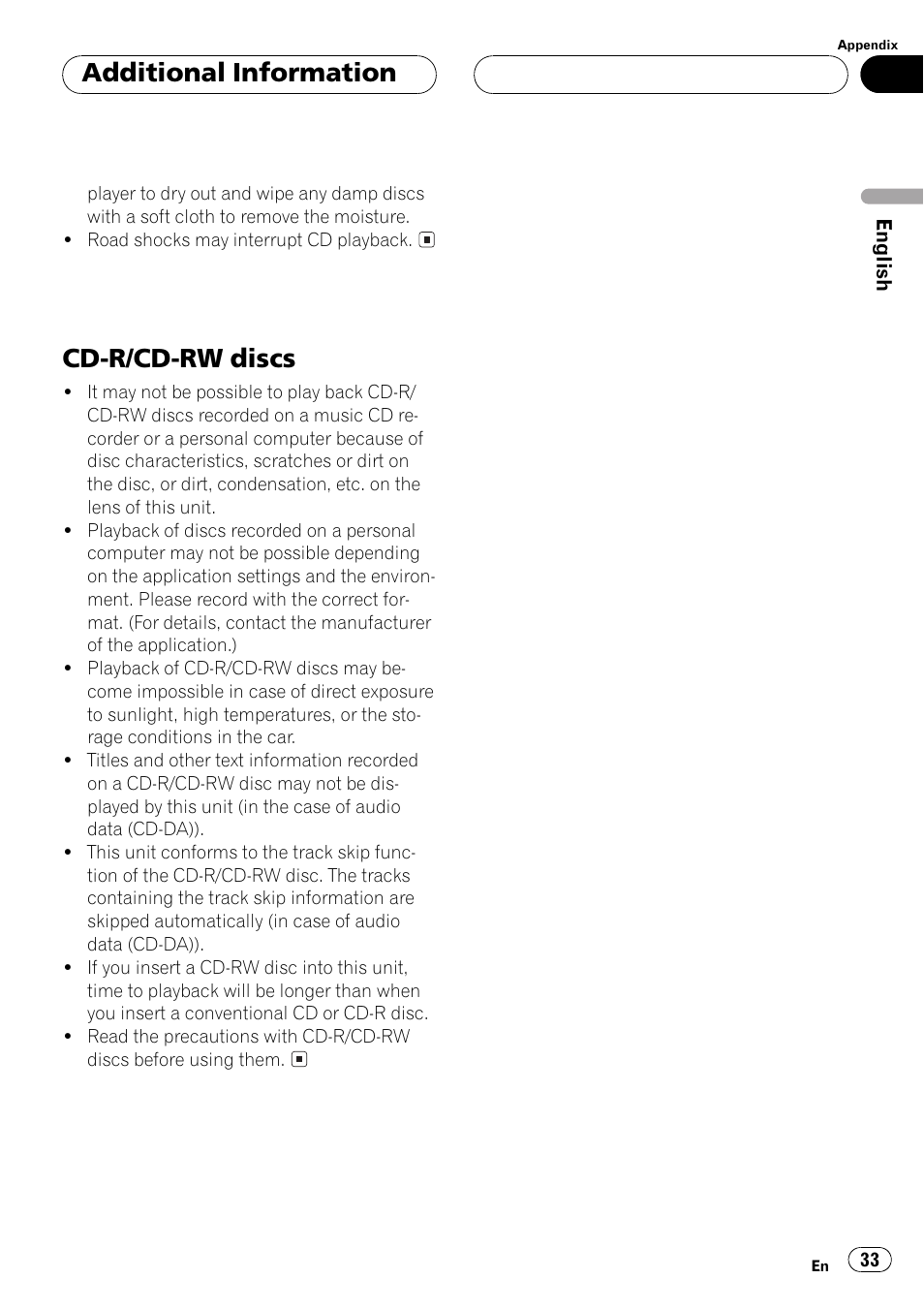 Cd-r/cd-rw discs 33, Cd-r/cd-rw discs, Additional information | Pioneer DEH-P2500R User Manual | Page 33 / 104