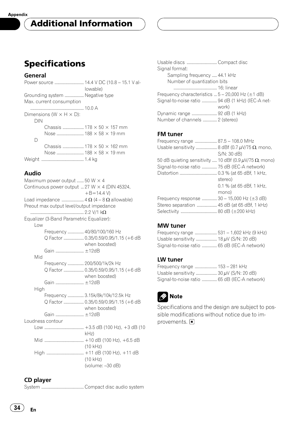 Specifications 34, Specifications, Additional information | Pioneer DEH-P2500R User Manual | Page 34 / 104
