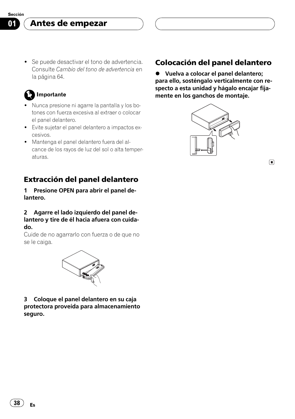 Extracción del panel delantero 38, Colocación del panel delantero 38, Antes de empezar | Extracción del panel delantero, Colocación del panel delantero | Pioneer DEH-P2500R User Manual | Page 38 / 104