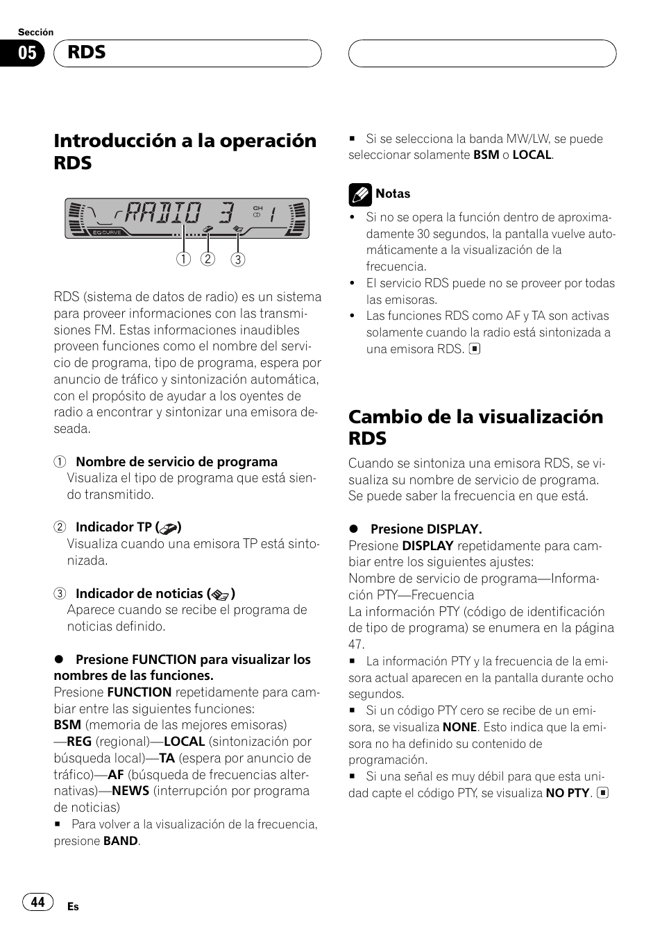 Introducción a la operación rds 44, Cambio de la visualización rds 44, Introducción a la operación rds | Cambio de la visualización rds | Pioneer DEH-P2500R User Manual | Page 44 / 104