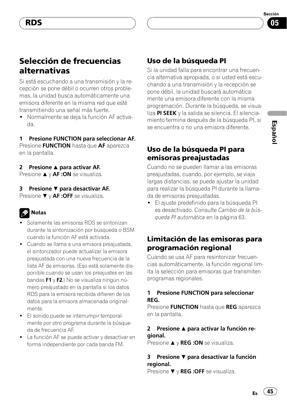 Selección de frecuencias alternativas 45, Uso de la búsqueda pi 45, Uso de la búsqueda pi para emisoras | Preajustadas 45, Limitación de las emisoras para, Programación regional 45, Selección de frecuencias alternativas | Pioneer DEH-P2500R User Manual | Page 45 / 104