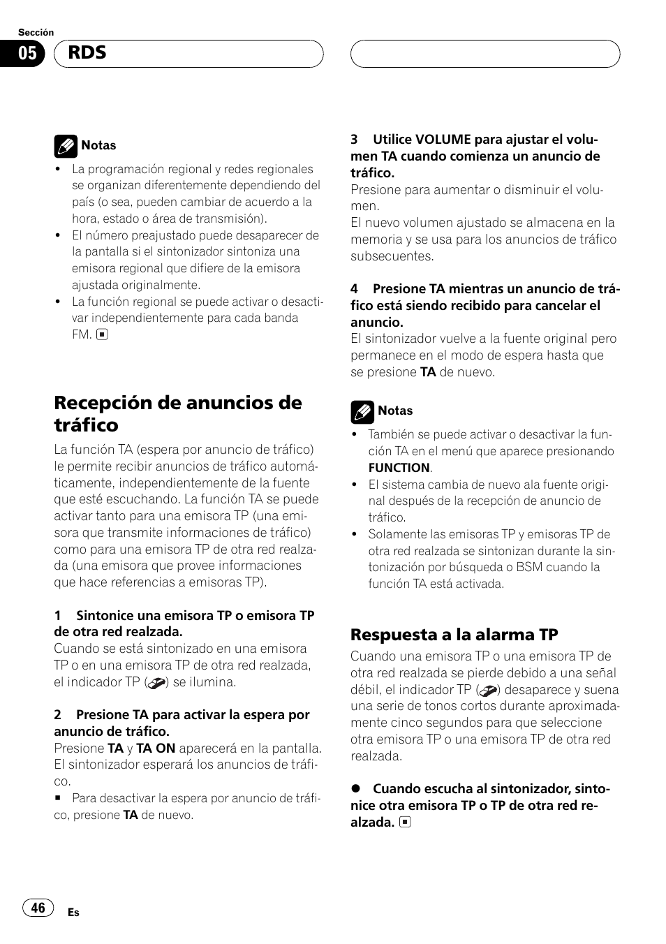 Recepción de anuncios de tráfico 46, Respuesta a la alarma tp 46, Recepción de anuncios de tráfico | Respuesta a la alarma tp | Pioneer DEH-P2500R User Manual | Page 46 / 104