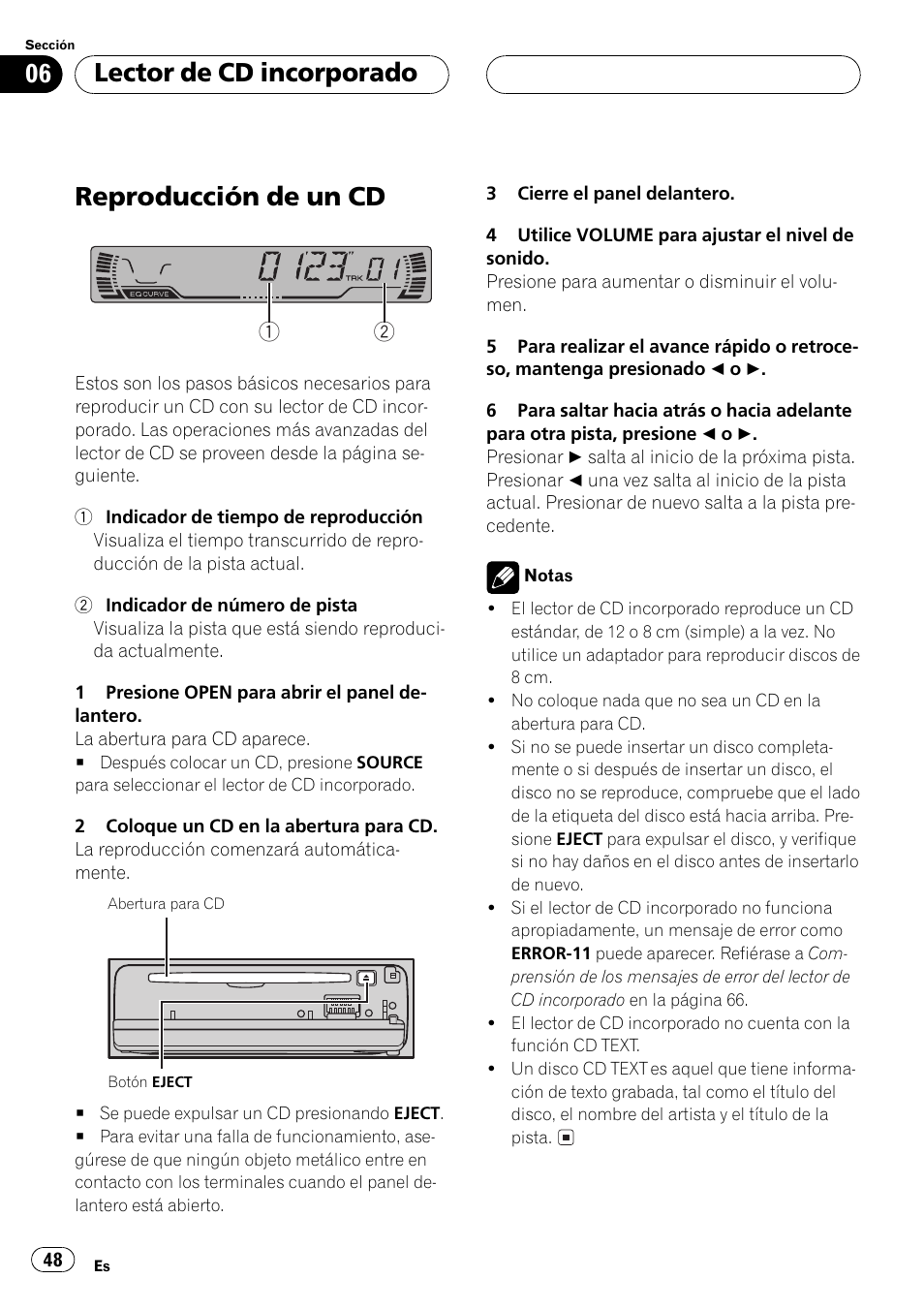 Lector de cd incorporado, Reproducción de un cd 48, Reproducción de un cd | Pioneer DEH-P2500R User Manual | Page 48 / 104