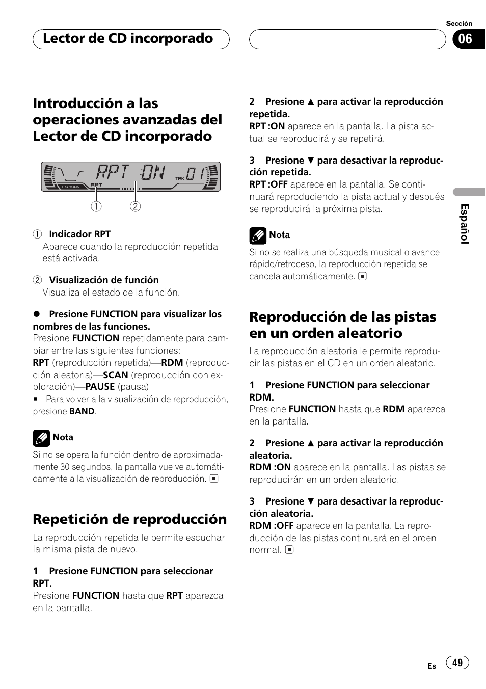 Introducción a las operaciones avanzadas, Del lector de cd incorporado 49, Repetición de reproducción 49 | Reproducción de las pistas en un orden, Aleatorio 49, Repetición de reproducción, Reproducción de las pistas en un orden aleatorio, Lector de cd incorporado | Pioneer DEH-P2500R User Manual | Page 49 / 104