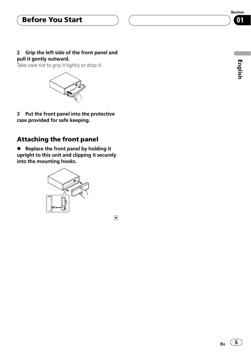 Attaching the front panel 5, Before you start | Pioneer DEH-P2500R User Manual | Page 5 / 104