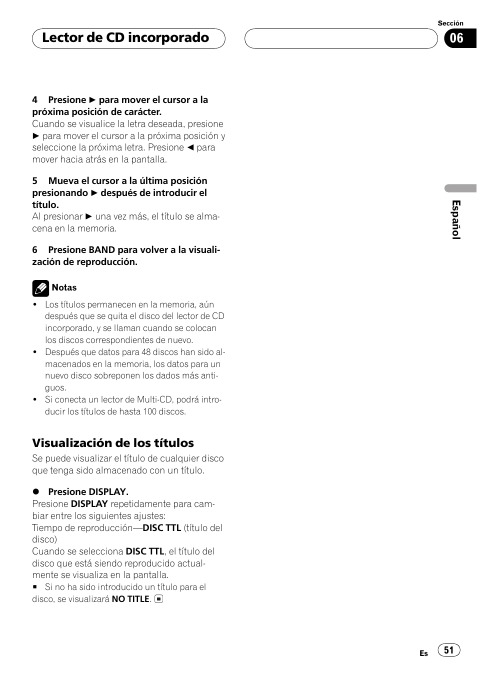 Visualización de los títulos 51, Lector de cd incorporado, Visualización de los títulos | Pioneer DEH-P2500R User Manual | Page 51 / 104