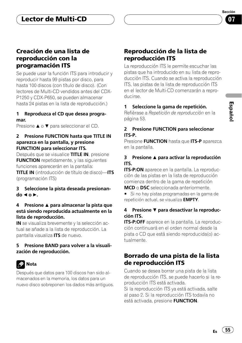 Creación de una lista de reproducción, Con la programación its 55, Reproducción de la lista de | Reproducción its 55, Borrado de una pista de la lista de, Lector de multi-cd | Pioneer DEH-P2500R User Manual | Page 55 / 104