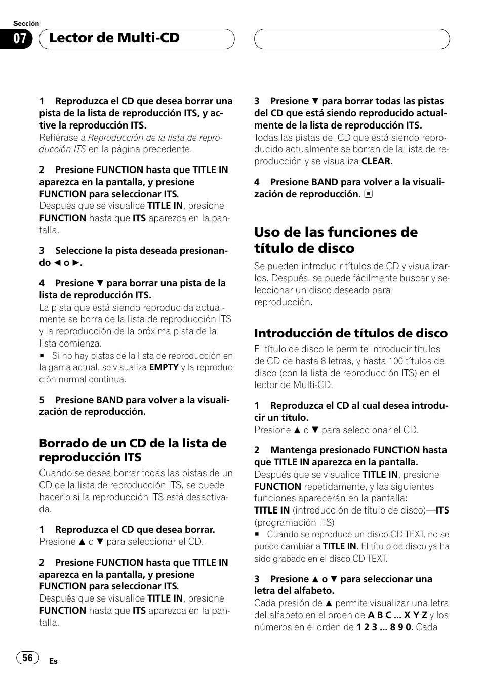 Borrado de un cd de la lista de, Reproducción its 56, Uso de las funciones de título de disco 56 | Introducción de títulos de disco 56, Uso de las funciones de título de disco, Lector de multi-cd, Borrado de un cd de la lista de reproducción its, Introducción de títulos de disco | Pioneer DEH-P2500R User Manual | Page 56 / 104