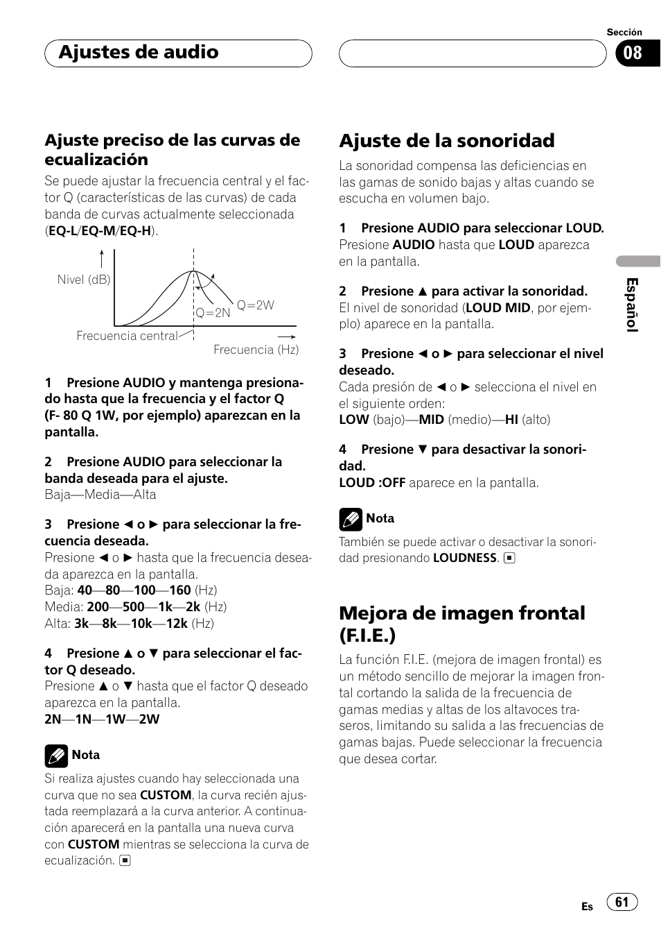 Ajuste preciso de las curvas de, Ecualización 61, Ajuste de la sonoridad 61 | Mejora de imagen frontal (f.i.e.) 61, Ajuste de la sonoridad, Mejora de imagen frontal (f.i.e.), Ajustes de audio | Pioneer DEH-P2500R User Manual | Page 61 / 104