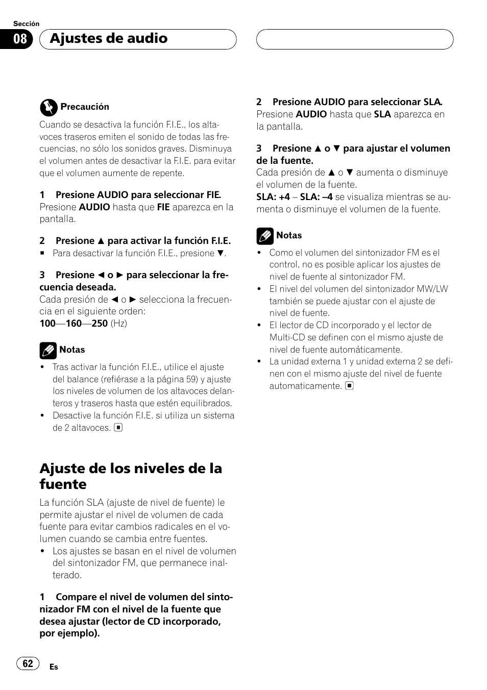 Ajuste de los niveles de la fuente 62, Ajuste de los niveles de la fuente, Ajustes de audio | Pioneer DEH-P2500R User Manual | Page 62 / 104