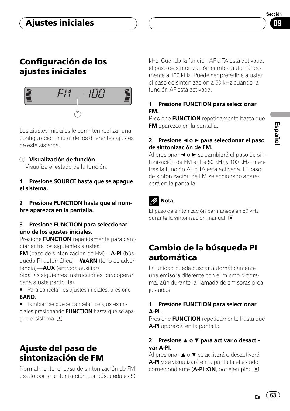 Ajustes iniciales, Configuración de los ajustes iniciales 63, Ajuste del paso de sintonización de fm 63 | Cambio de la búsqueda pi automática 63, Configuración de los ajustes iniciales, Ajuste del paso de sintonización de fm, Cambio de la búsqueda pi automática | Pioneer DEH-P2500R User Manual | Page 63 / 104