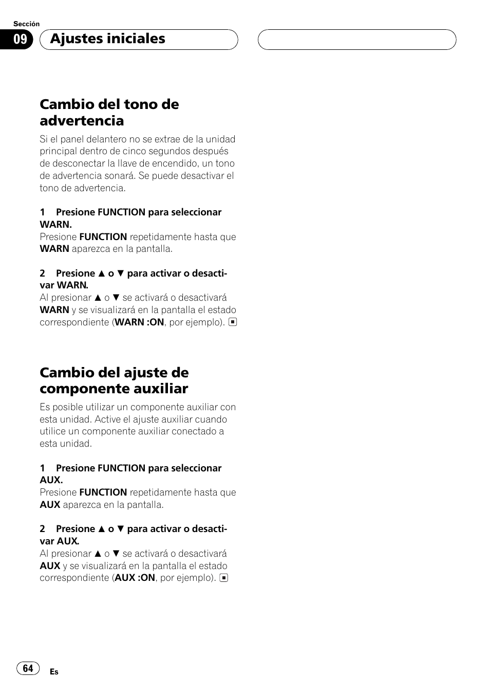 Cambio del tono de advertencia 64, Cambio del ajuste de componente, Auxiliar 64 | Cambio del tono de advertencia, Cambio del ajuste de componente auxiliar, Ajustes iniciales | Pioneer DEH-P2500R User Manual | Page 64 / 104
