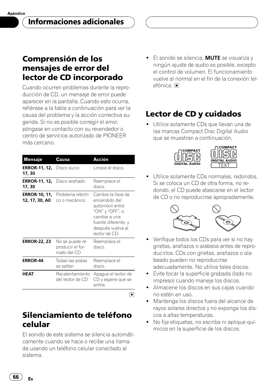 Informaciones adicionales, Comprensión de los mensajes de error del, Lector de cd incorporado 66 | Silenciamiento de teléfono celular 66, Lector de cd y cuidados 66, Silenciamiento de teléfono celular, Lector de cd y cuidados | Pioneer DEH-P2500R User Manual | Page 66 / 104