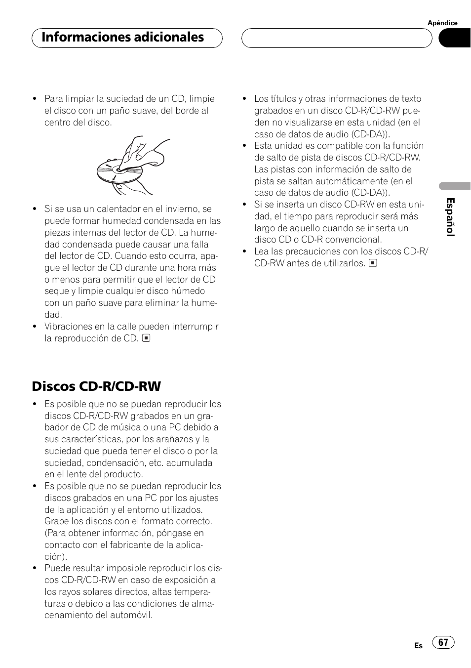 Discos cd-r/cd-rw 67, Discos cd-r/cd-rw, Informaciones adicionales | Pioneer DEH-P2500R User Manual | Page 67 / 104