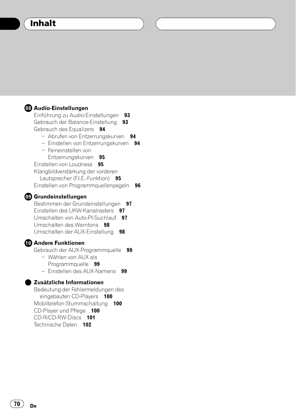 Inhalt | Pioneer DEH-P2500R User Manual | Page 70 / 104