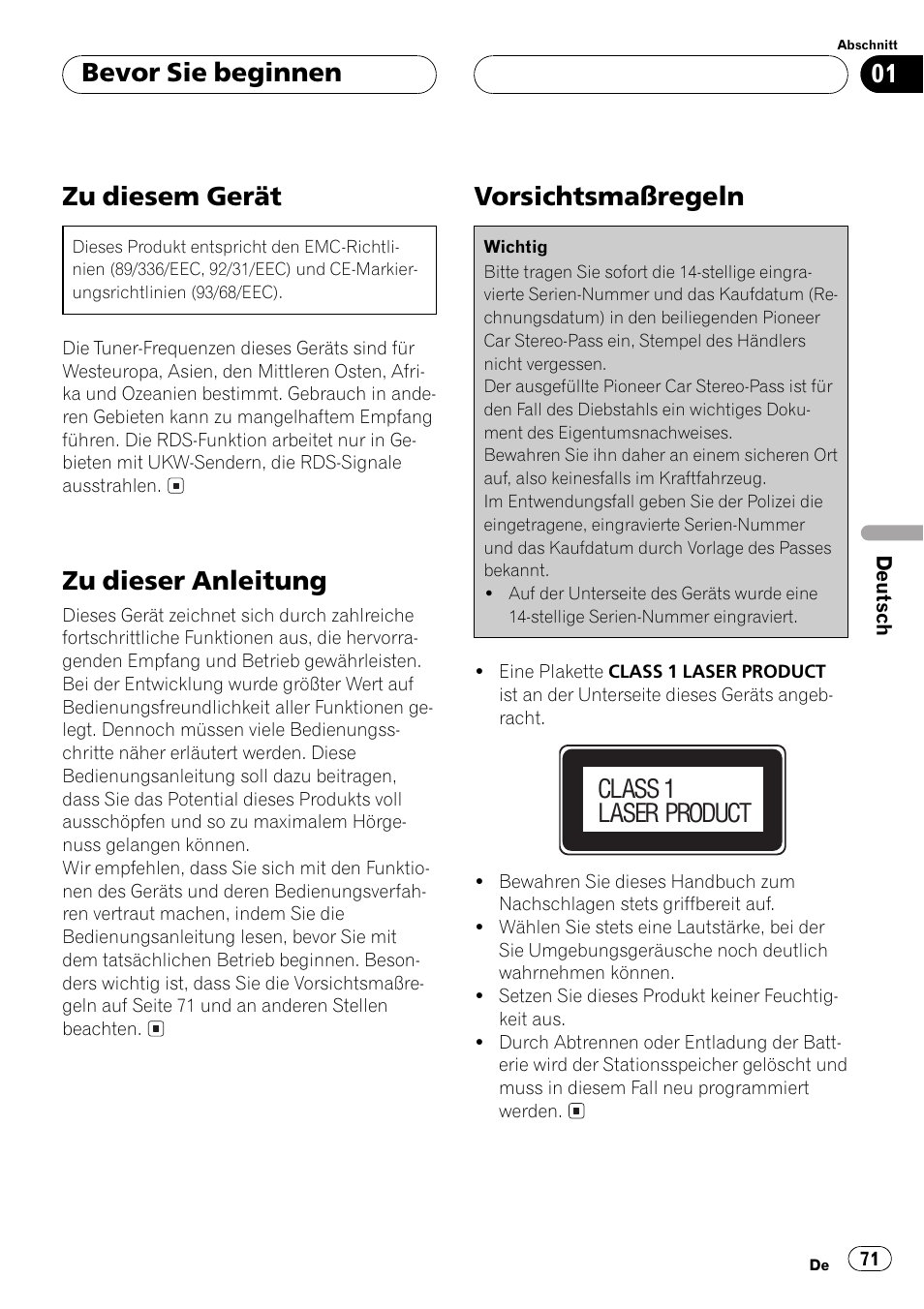 Bevor sie beginnen zu diesem gerät 71, Zu dieser anleitung 71, Vorsichtsmaßregeln 71 | Zu diesem gerät, Zu dieser anleitung, Vorsichtsmaßregeln, Bevor sie beginnen, Class 1 laser product | Pioneer DEH-P2500R User Manual | Page 71 / 104