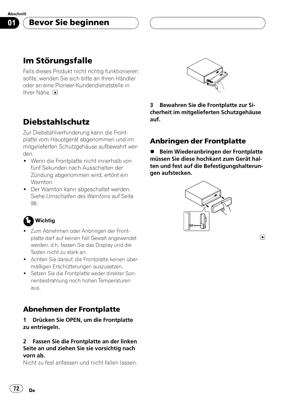Im störungsfalle 72, Diebstahlschutz 72, Abnehmen der frontplatte 72 | Anbringen der frontplatte 72, Im störungsfalle, Diebstahlschutz, Bevor sie beginnen | Pioneer DEH-P2500R User Manual | Page 72 / 104