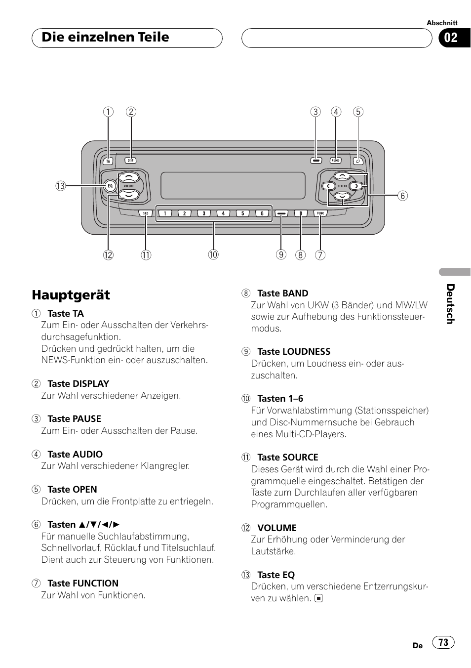Die einzelnen teile, Hauptgerät 73, Hauptgerät | Pioneer DEH-P2500R User Manual | Page 73 / 104