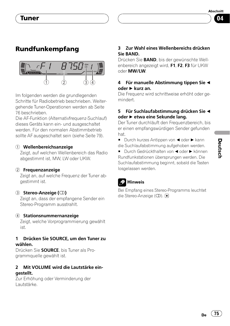 Tuner, Rundfunkempfang 75, Rundfunkempfang | Pioneer DEH-P2500R User Manual | Page 75 / 104