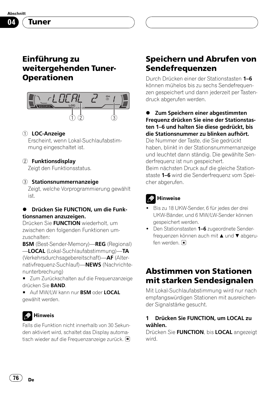 Einführung zu weitergehenden tuner, Operationen 76, Speichern und abrufen von | Sendefrequenzen 76, Abstimmen von stationen mit starken, Sendesignalen 76, Einführung zu weitergehenden tuner- operationen, Speichern und abrufen von sendefrequenzen, Abstimmen von stationen mit starken sendesignalen, Tuner | Pioneer DEH-P2500R User Manual | Page 76 / 104