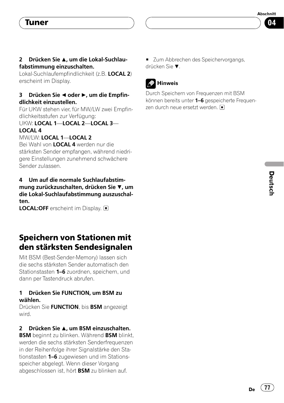 Speichern von stationen mit den stärksten, Sendesignalen 77, Tuner | Pioneer DEH-P2500R User Manual | Page 77 / 104