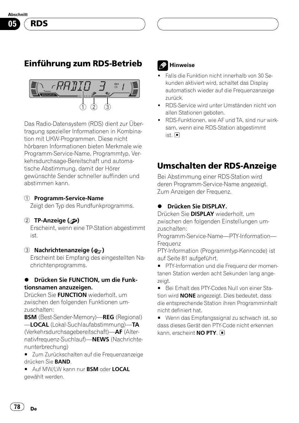 Einführung zum rds-betrieb 78, Umschalten der rds-anzeige 78, Einführung zum rds-betrieb | Umschalten der rds-anzeige | Pioneer DEH-P2500R User Manual | Page 78 / 104