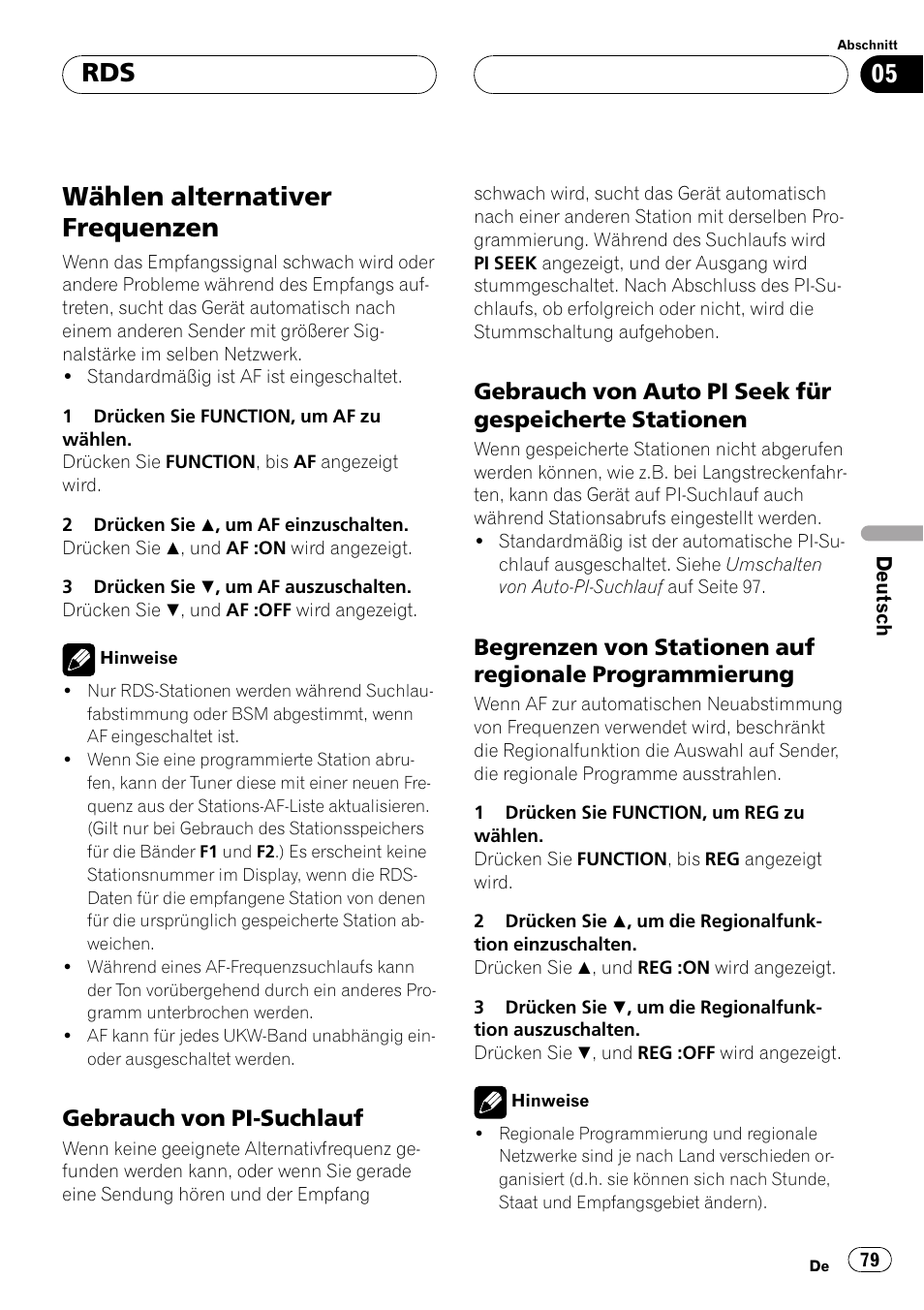 Wählen alternativer frequenzen 79, Gebrauch von pi-suchlauf 79, Gebrauch von auto pi seek für | Gespeicherte stationen 79, Begrenzen von stationen auf, Regionale programmierung 79, Wählen alternativer frequenzen | Pioneer DEH-P2500R User Manual | Page 79 / 104