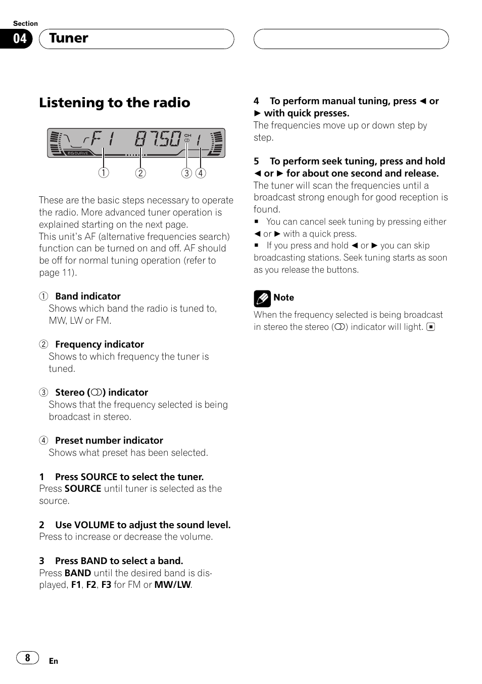 Tuner listening to the radio 8, Listening to the radio, Tuner | Pioneer DEH-P2500R User Manual | Page 8 / 104