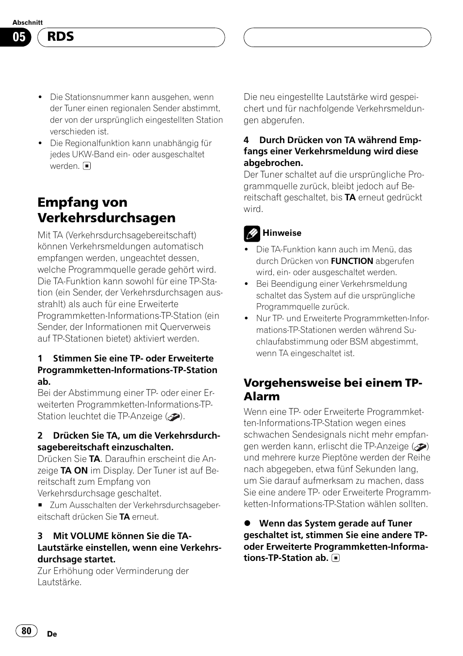 Empfang von verkehrsdurchsagen 80, Vorgehensweise bei einem tp, Alarm 80 | Empfang von verkehrsdurchsagen, Vorgehensweise bei einem tp- alarm | Pioneer DEH-P2500R User Manual | Page 80 / 104