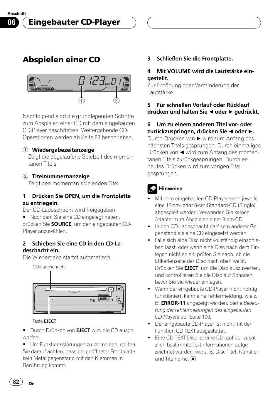 Eingebauter cd-player, Abspielen einer cd 82, Abspielen einer cd | Pioneer DEH-P2500R User Manual | Page 82 / 104