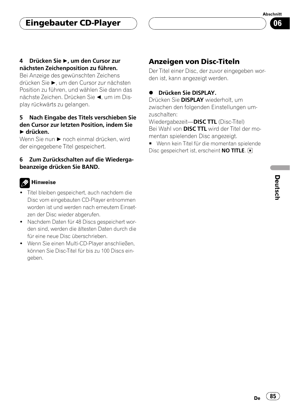 Anzeigen von disc-titeln 85, Eingebauter cd-player, Anzeigen von disc-titeln | Pioneer DEH-P2500R User Manual | Page 85 / 104