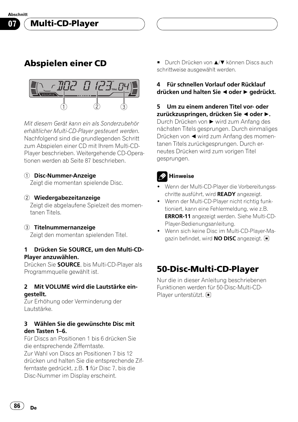 Multi-cd-player, Abspielen einer cd 86, Disc-multi-cd-player 86 | Abspielen einer cd, Disc-multi-cd-player | Pioneer DEH-P2500R User Manual | Page 86 / 104