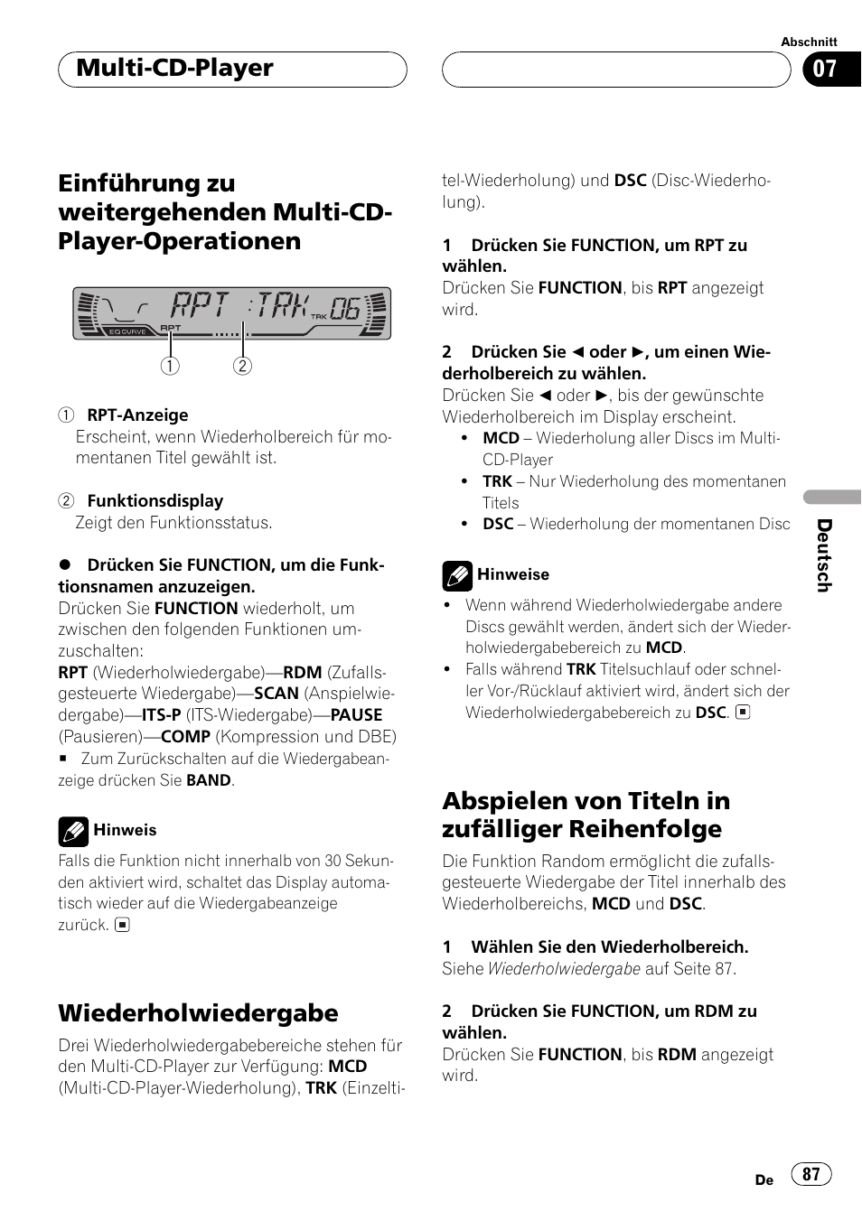 Einführung zu weitergehenden multi-cd, Player-operationen 87, Wiederholwiedergabe 87 | Abspielen von titeln in zufälliger, Reihenfolge 87, Wiederholwiedergabe, Abspielen von titeln in zufälliger reihenfolge, Multi-cd-player | Pioneer DEH-P2500R User Manual | Page 87 / 104