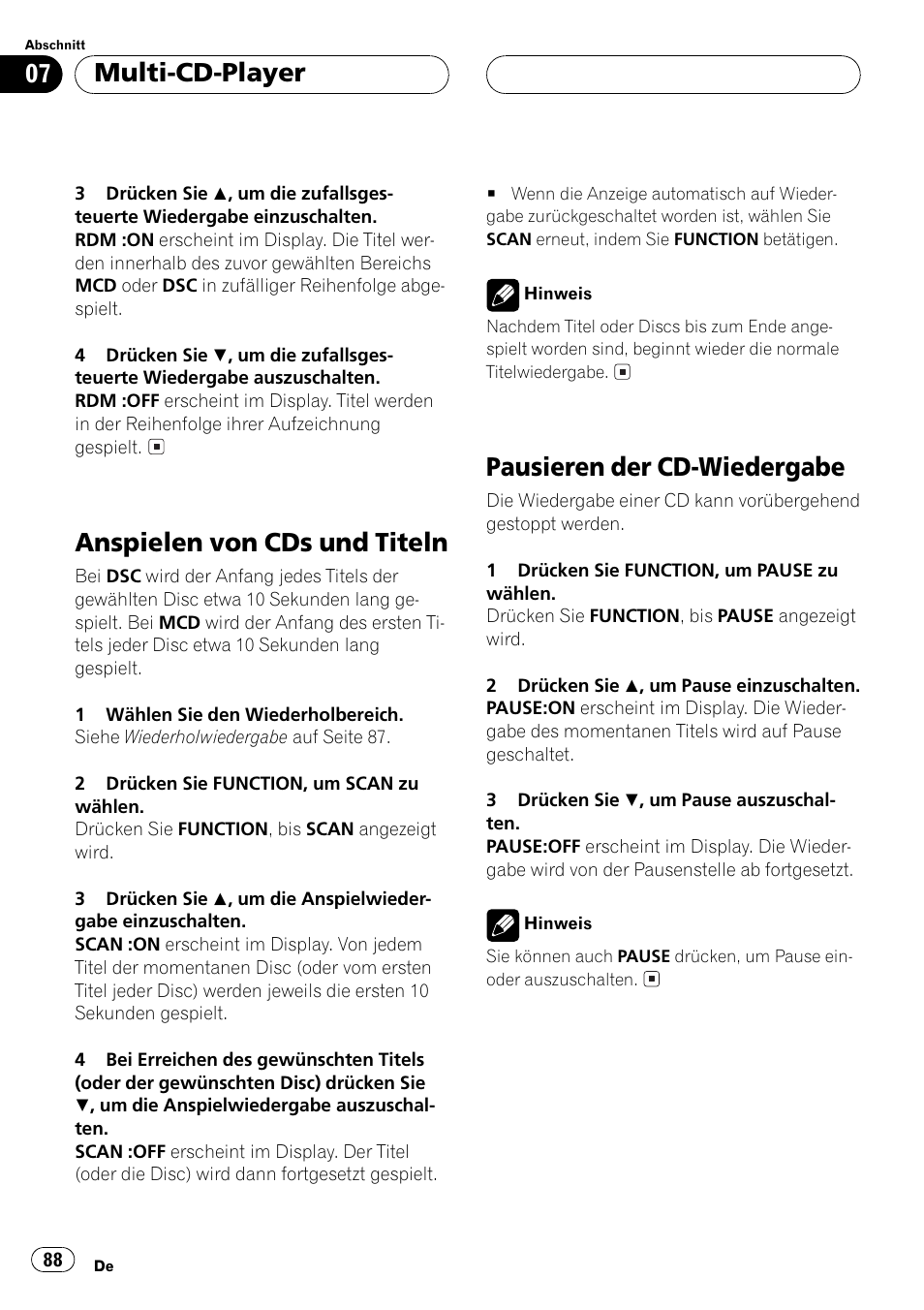 Anspielen von cds und titeln 88, Pausieren der cd-wiedergabe 88, Anspielen von cds und titeln | Pausieren der cd-wiedergabe, Multi-cd-player | Pioneer DEH-P2500R User Manual | Page 88 / 104