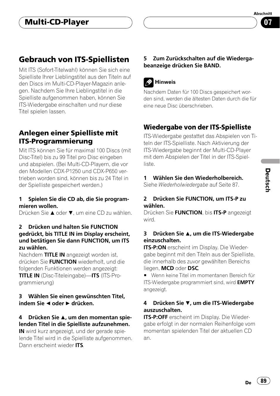 Gebrauch von its-spiellisten 89, Anlegen einer spielliste mit its, Programmierung 89 | Wiedergabe von der its-spielliste 89, Gebrauch von its-spiellisten, Multi-cd-player, Anlegen einer spielliste mit its-programmierung, Wiedergabe von der its-spielliste | Pioneer DEH-P2500R User Manual | Page 89 / 104