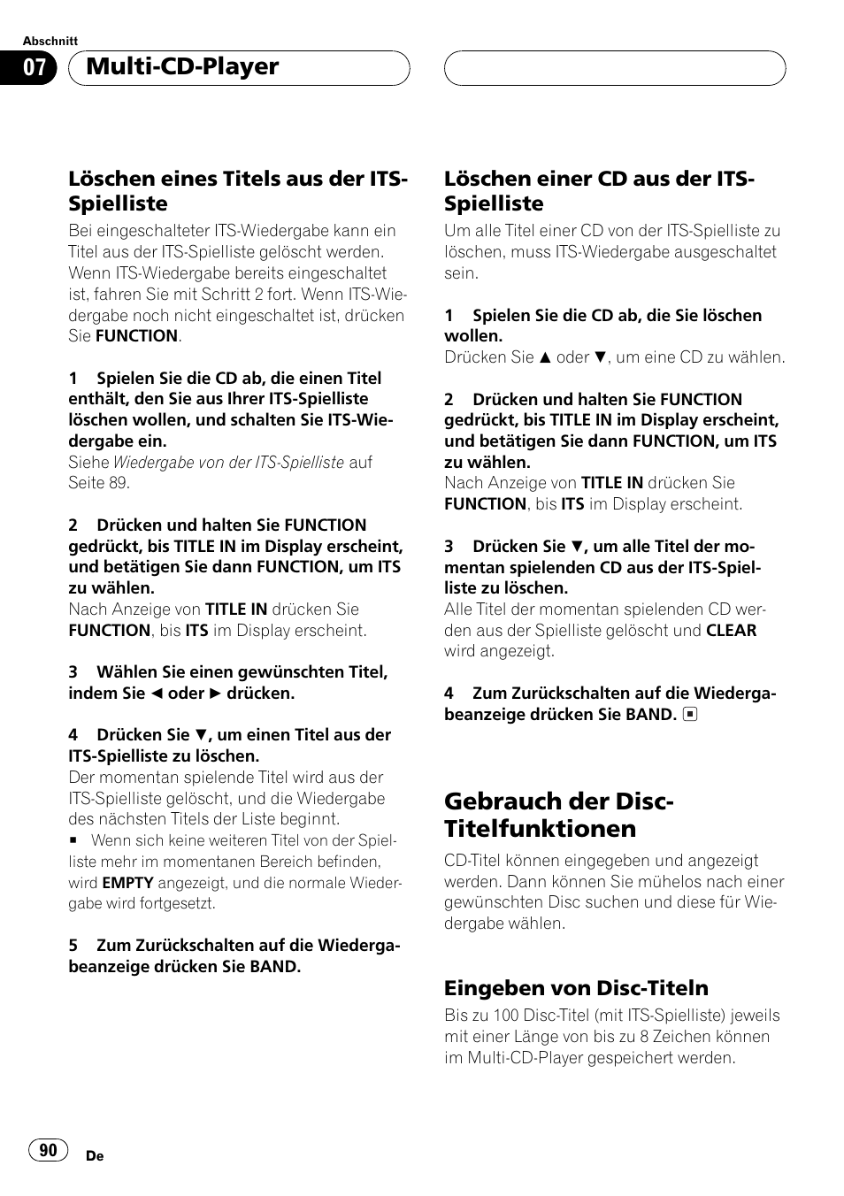Löschen eines titels aus der its, Spielliste 90, Löschen einer cd aus der its | Gebrauch der disc-titelfunktionen 90, Eingeben von disc-titeln 90, Gebrauch der disc- titelfunktionen, Multi-cd-player | Pioneer DEH-P2500R User Manual | Page 90 / 104