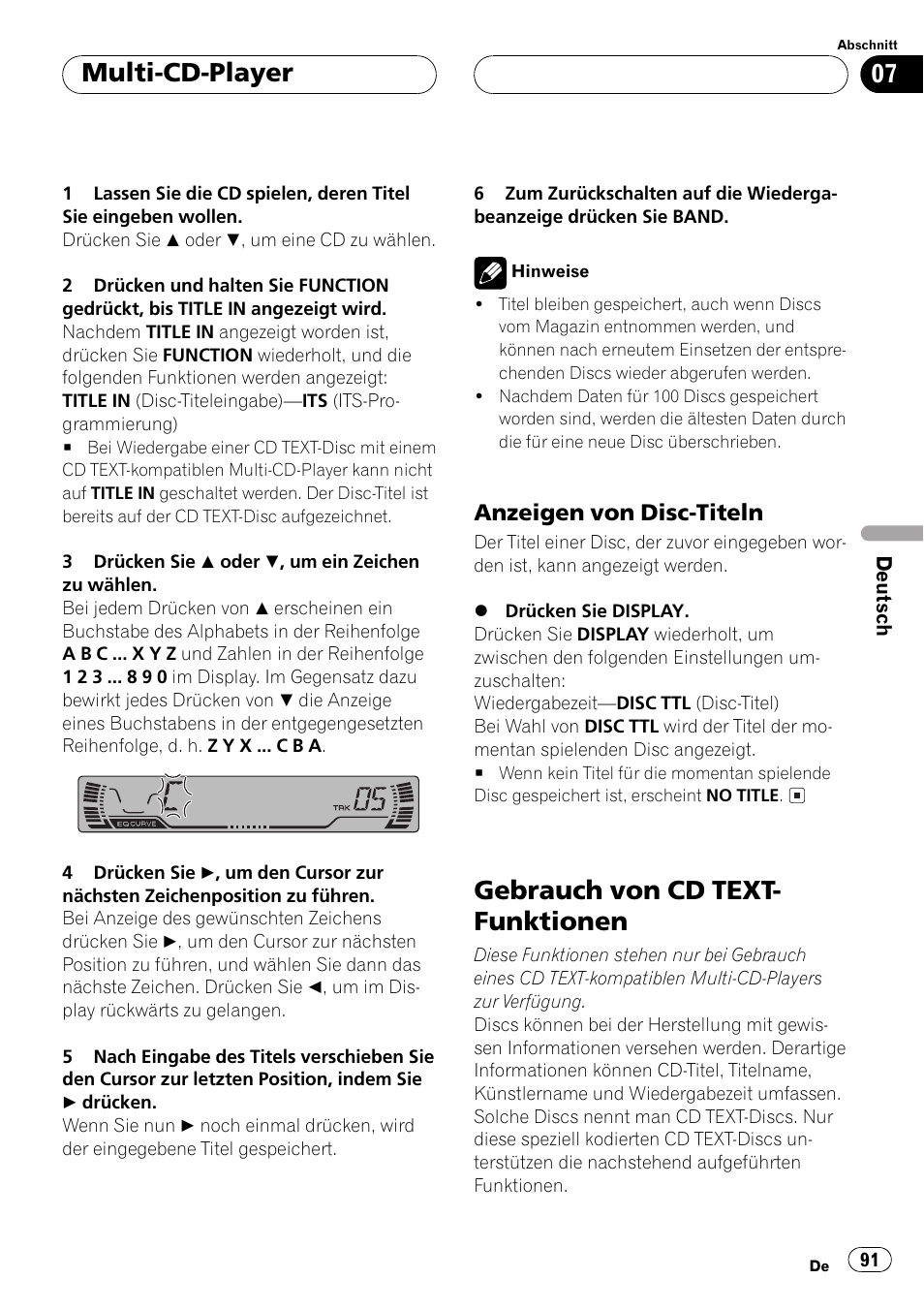 Anzeigen von disc-titeln 91, Gebrauch von cd text-funktionen 91, Gebrauch von cd text- funktionen | Multi-cd-player, Anzeigen von disc-titeln | Pioneer DEH-P2500R User Manual | Page 91 / 104